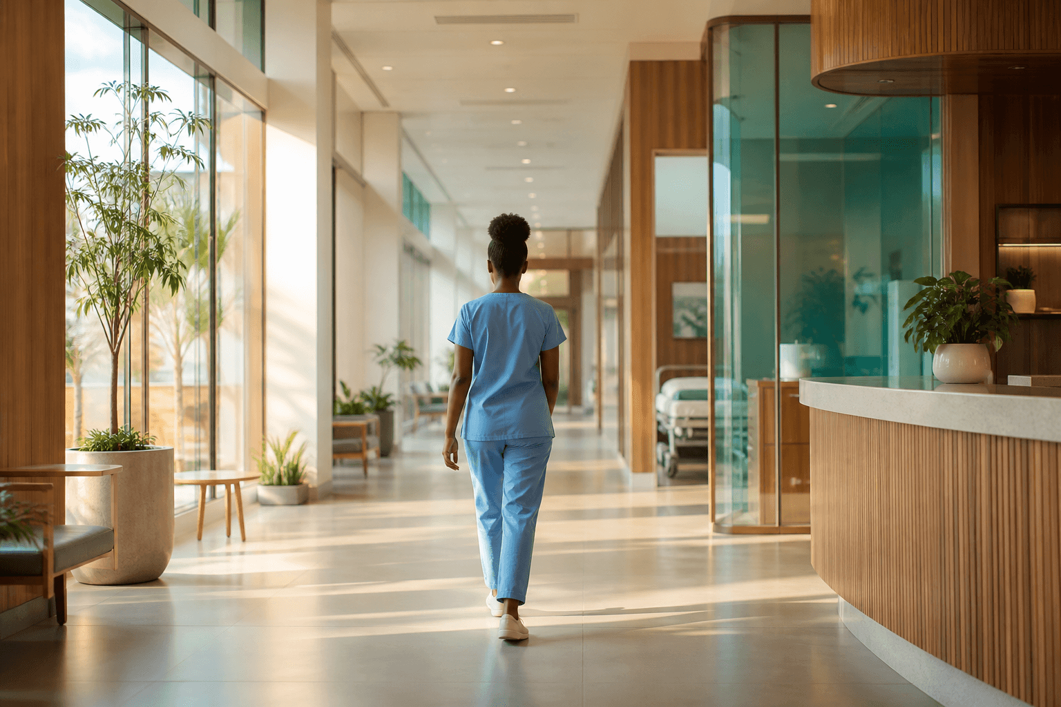 Sunlit modern healthcare clinic corridor